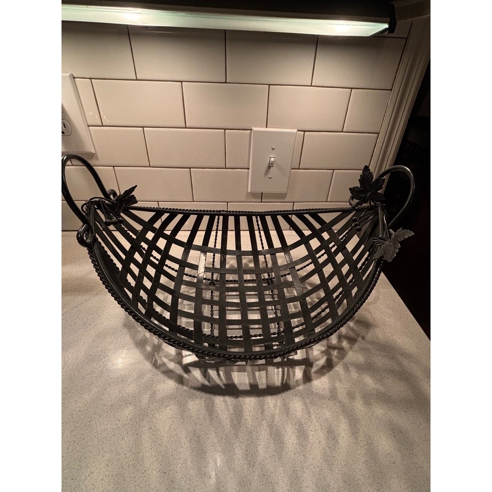 Rustic Bronze Woven Metal Fruit Basket Leaf and Berry Accents Centerpiece 15in